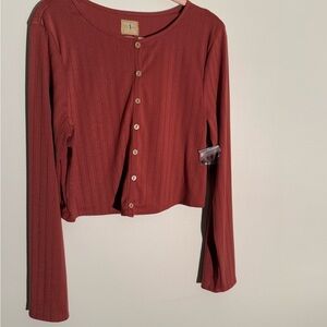 Free People Ribbed Button-Front Long Sleeve Top and Shorts Set- Rust